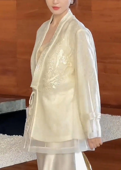 Cardigan Neck V Embroidered Up Lace Vintage Silk Beige Spring