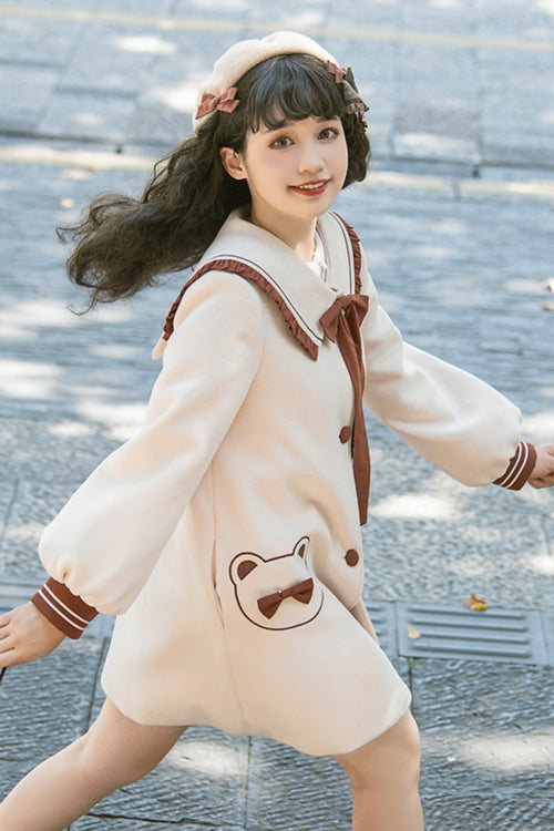 Sweet Lolita Wool Coat with Square Collar, Single-Breasted & Long Sleeves