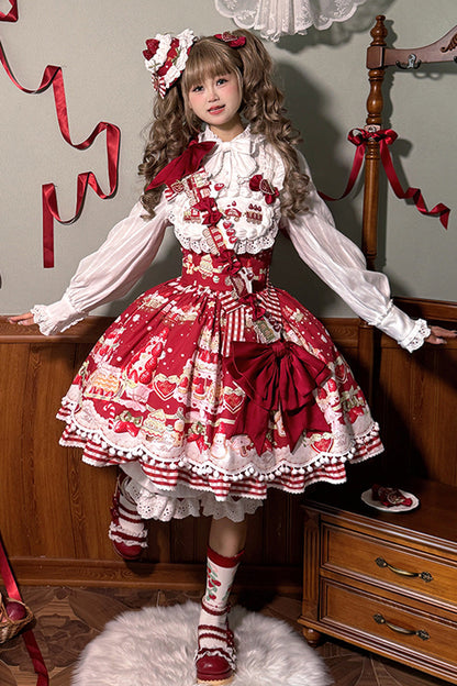 Natural Waisted Ruffle Bowknot Sweet Lolita JSK Dress with Strawberry Dessert Print - 4 Colors