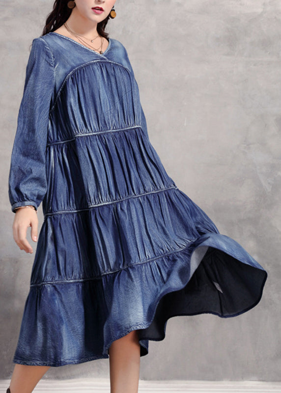 Casual Blue V Neck Wrinkled Patchwork Denim Long Dress Long Sleeve NN018