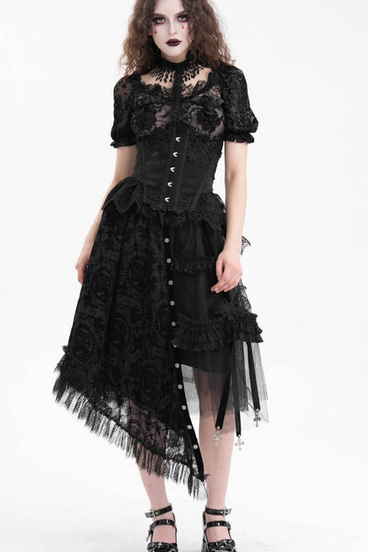 Gothic Luxurious Asymmetric Pleated Skirt with Black Jacquard Cut-Out Lace
