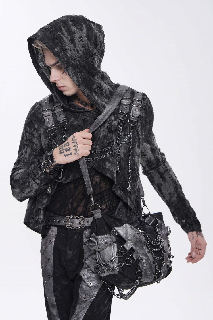 Ebony Long-Sleeve Hooded Sheer Ripped Faux Two-Piece Zip Eyelet Punk Tee