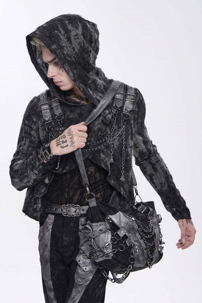 Ebony Long-Sleeve Hooded Sheer Ripped Faux Two-Piece Zip Eyelet Punk Tee