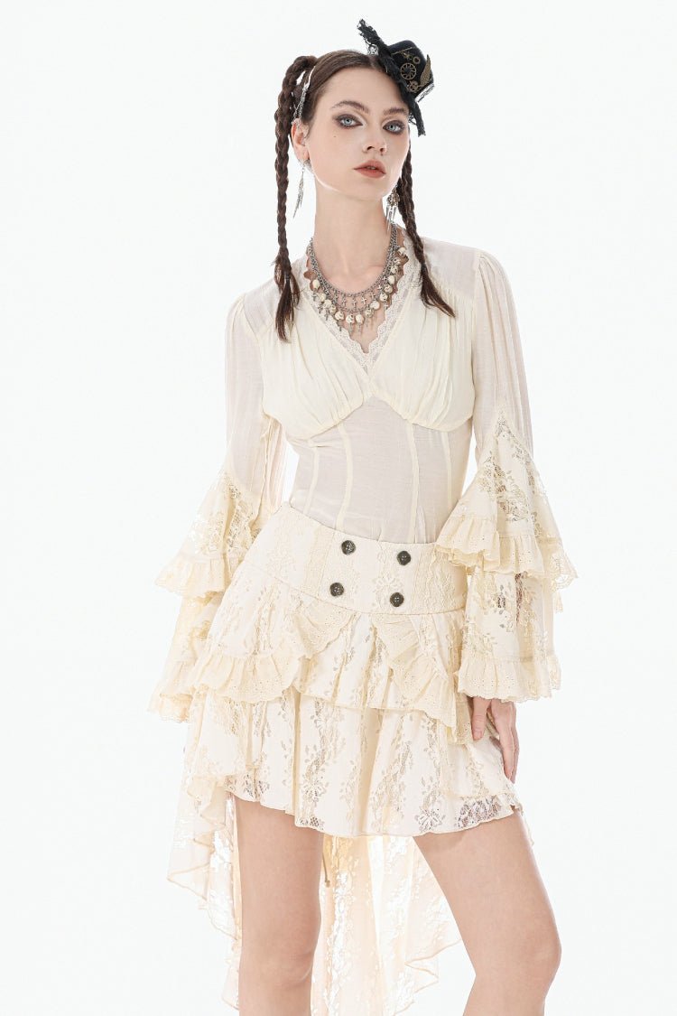 Steampunk Women's Blouse with Trumpet Sleeves & Layered Lace-Up in Cream