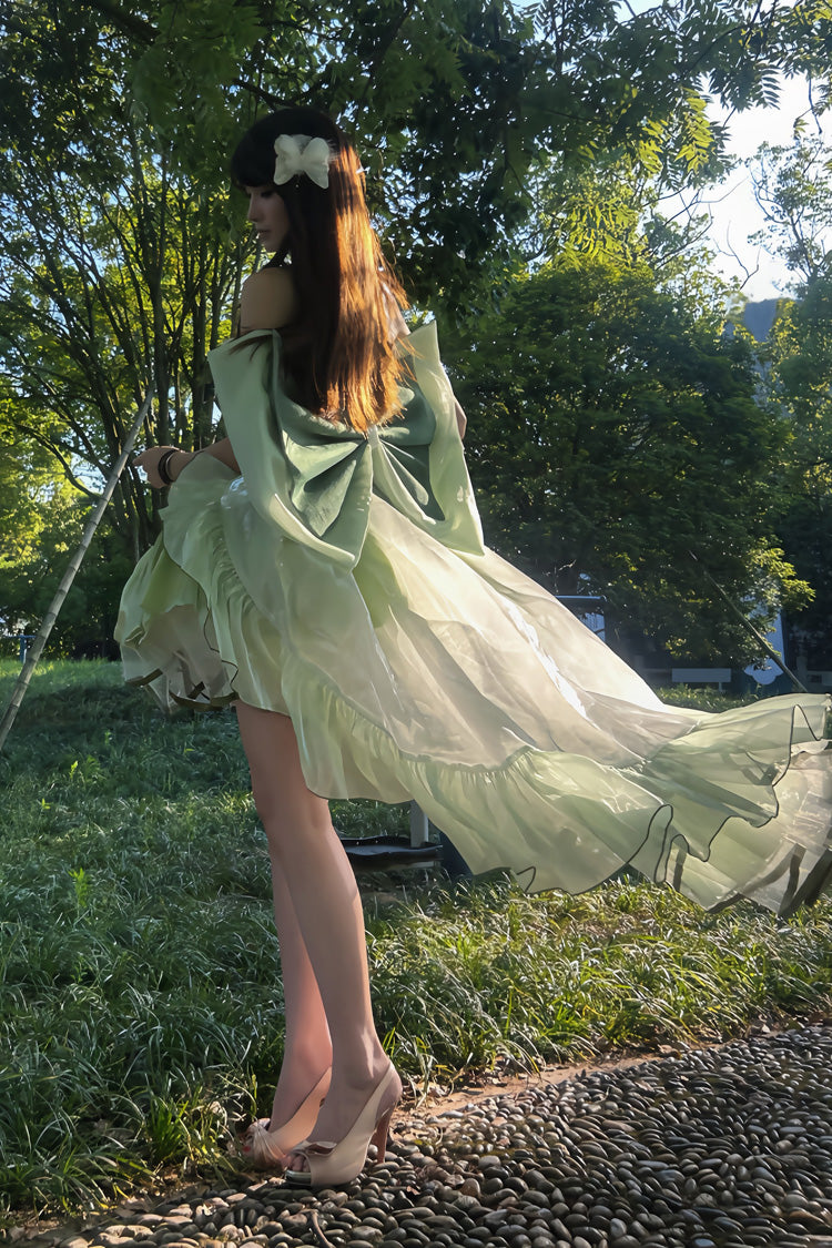 Emerald Off-Shoulder Ruffled Bow Patchwork Sweet Lolita Gown