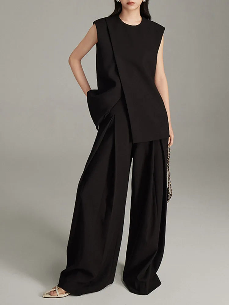 Modern Sleeveless Slit Tunic Top Hem O-neck Cream