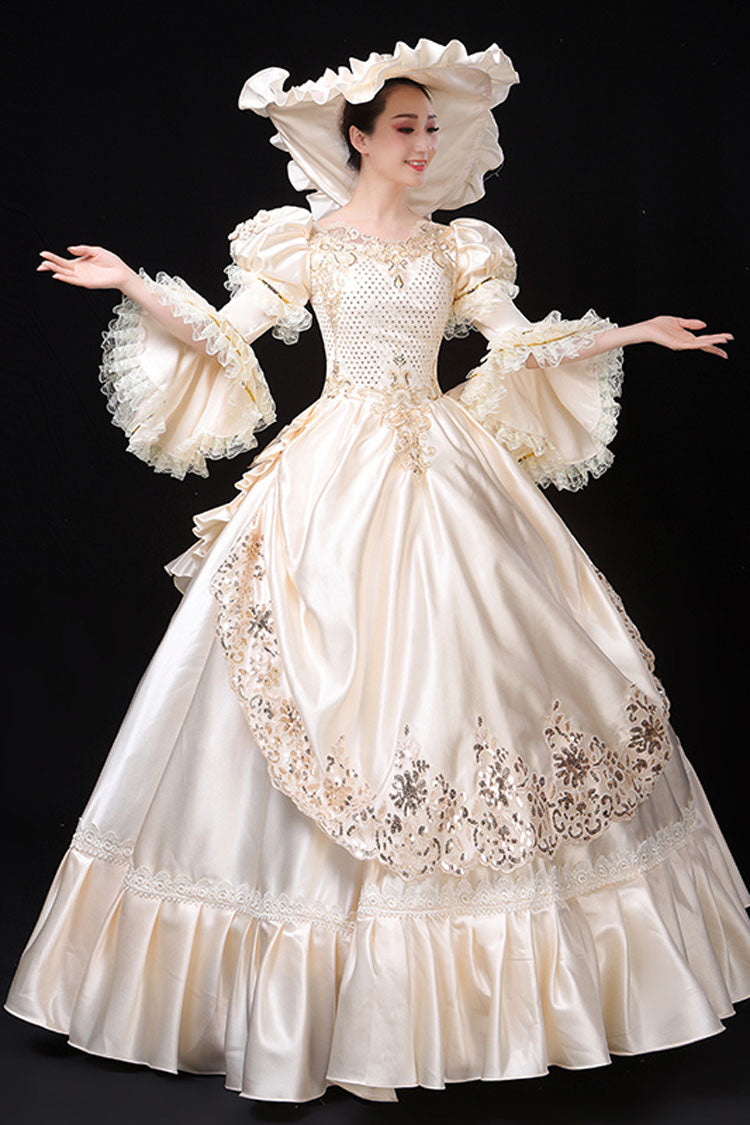 Ivory Court-Style High-Waist Floral Hime Sleeve Victorian Lolita Prom Dress