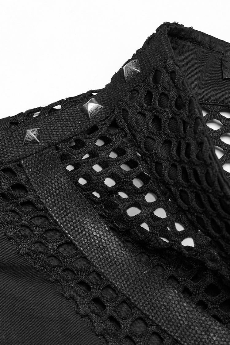 Men's Black Mesh Punk Vest, Stitched High Collar