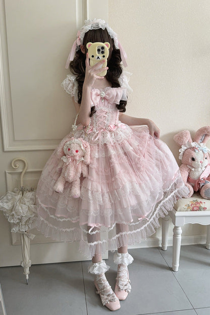 Blush Sleeveless Ruffled Lace-Up JSK with Bow