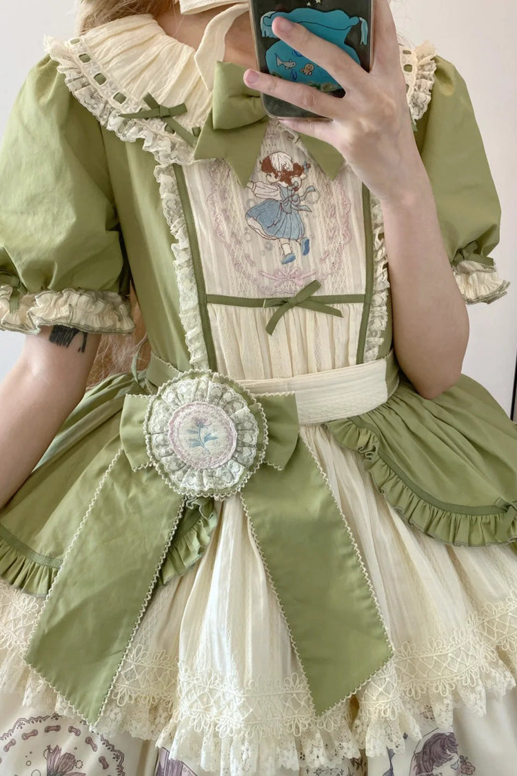 Emerald Ida's Flowers Short-Sleeve Ruffled Bowknot Sweet Dress