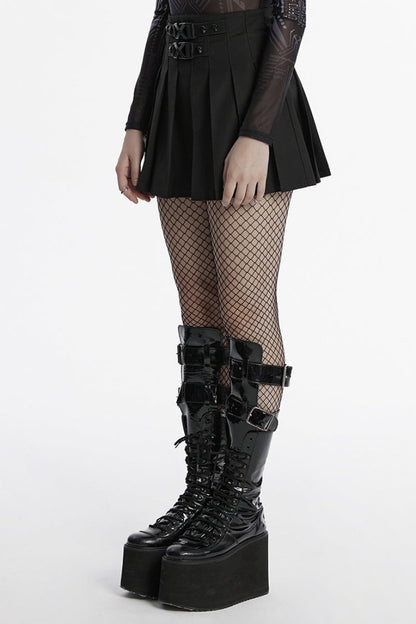 Punk Pleated Skirt with Skull Buckle Detail