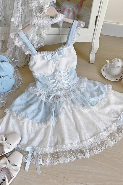 Emerald Leiffu Sleeveless Ruffle Bow Lace-Up Ballet JSK Dress