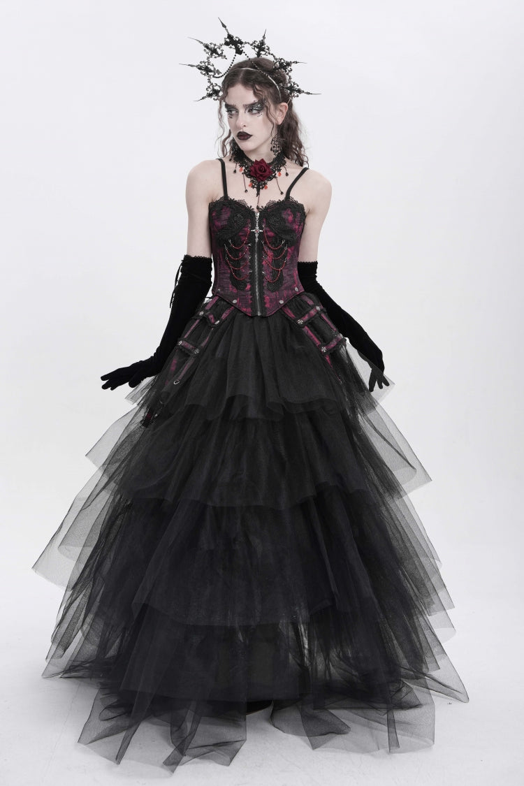 Crimson Gothic Vest with Embroidery Lace and Chain Details