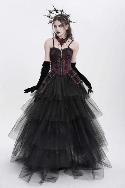 Crimson Gothic Vest with Embroidery Lace and Chain Details