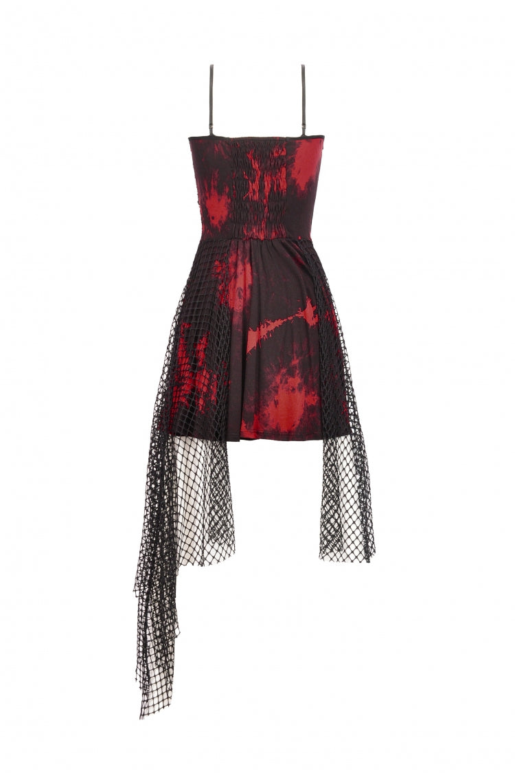 Crimson Punk Slip Dress with Asymmetric Tie-Dye and Mesh Hem