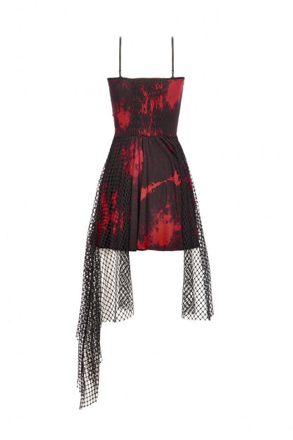 Crimson Punk Slip Dress with Asymmetric Tie-Dye and Mesh Hem