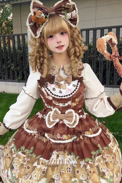 Squirrel Chocolate Shop Lolita JSK Dress with Blouse - Ruffled Bow Print