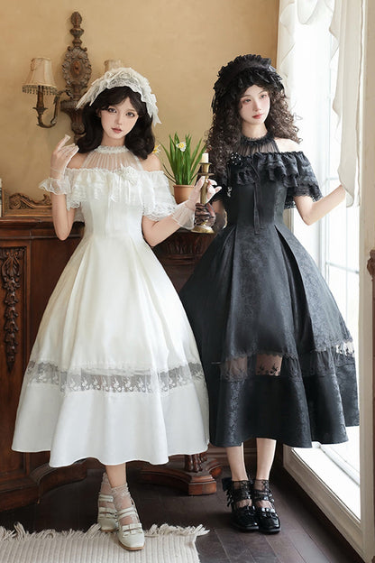 Elegant Lolita Dress with Off-Shoulder Neckline and Ruffle Print in Black