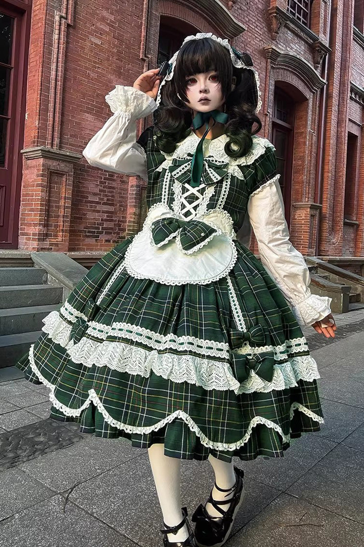 Emerald Gingham Petal Bunny Short-Sleeve Ruffled Bow OP Dress
