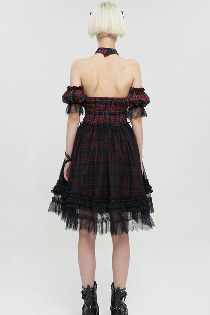 Crimson & Charcoal Punk Off-Shoulder Tartan Mandarin Collar Flared Hem Dress