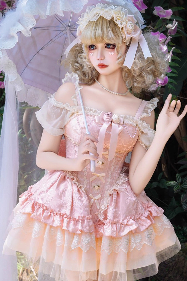 Blush Sleeveless Ruffled Lace Ballet JSK with Bow