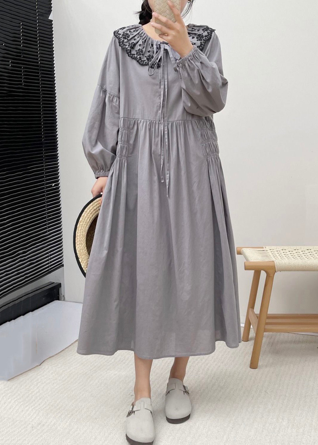 Grey Button Wrinkled Cotton Dresses Embroidered Long Sleeve NN031