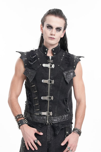 Men's Black Gothic Vest, Sleeveless with Rivets and Chain Rings