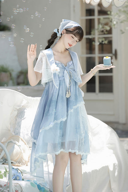 Azure Clouds Resting in the Wilderness Print Ruffle Embroidery Bow Lace Irregular Lolita Jumper Dress