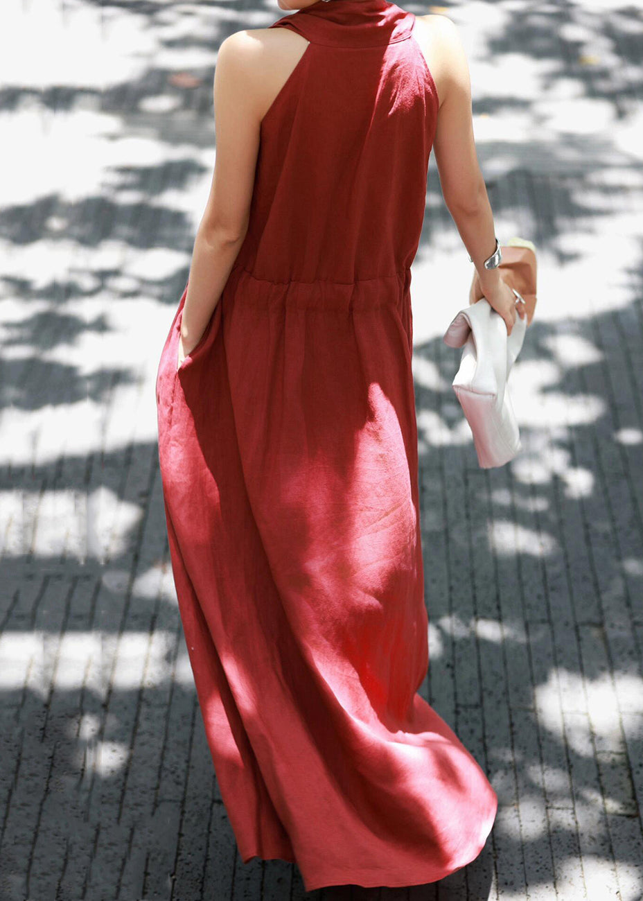 Neck Dress Solid Cotton Long Red Up Summer Lace V