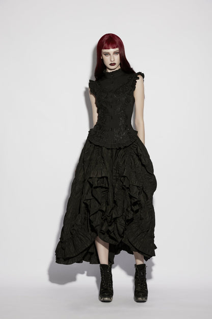 Elegant Black Gothic Blouse for Women, Ruffled with Embroidery and Lace-Up