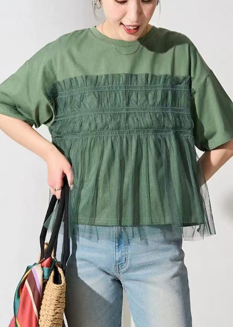 Fine Patchwork Green Tulle Oversized Tanks Summer