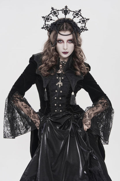 Ebony Flared-Sleeve Embroidered Lace Fitted Zip Gothic Batwing Jacket