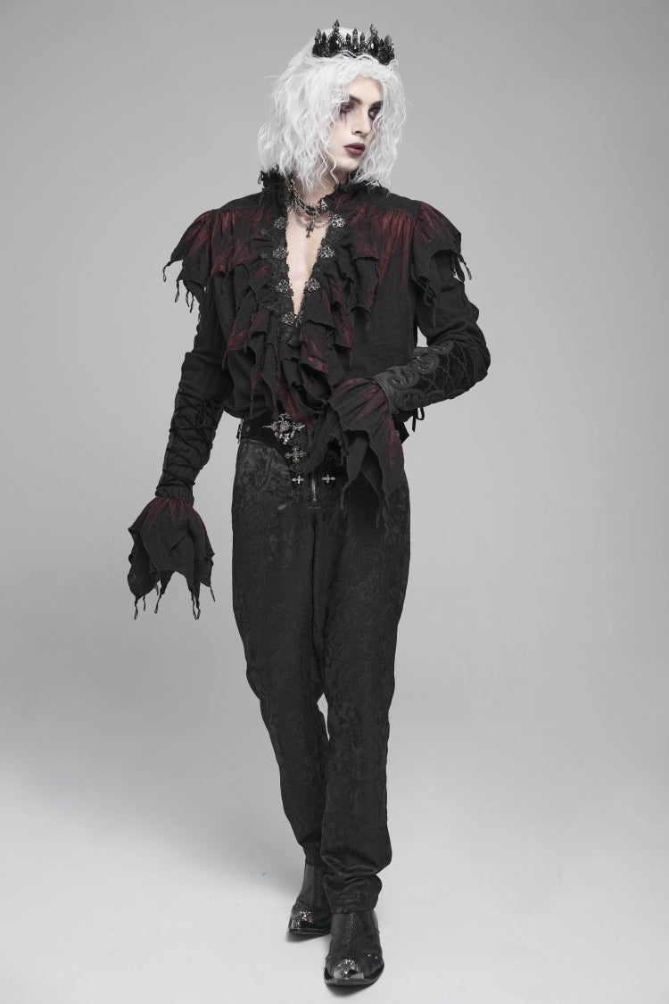 Crimson & Obsidian Stand Collar Long Sleeves Ruffled Plunging Gothic Shirt