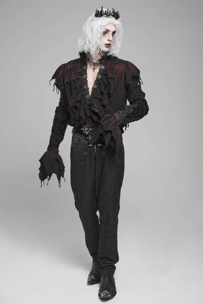 Crimson & Obsidian Stand Collar Long Sleeves Ruffled Plunging Gothic Shirt