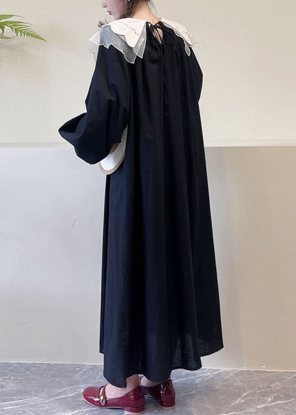 Black Pockets Cotton Dress Peter Pan Collar Long Sleeve NN043