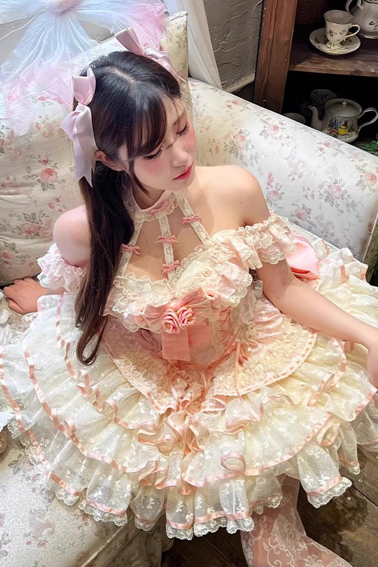 Blush Halter Multi-Tier Ruffle Bow Rose Lace-Up Ballerina JSK - Flower Language of Eros