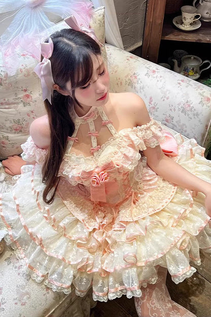 Blush Halter Multi-Tier Ruffle Bow Rose Lace-Up Ballerina JSK - Flower Language of Eros
