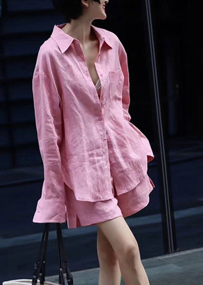 Modernes rosa Button-Shirts und Shorts Zweiteiler-Set Herbst AN1017 