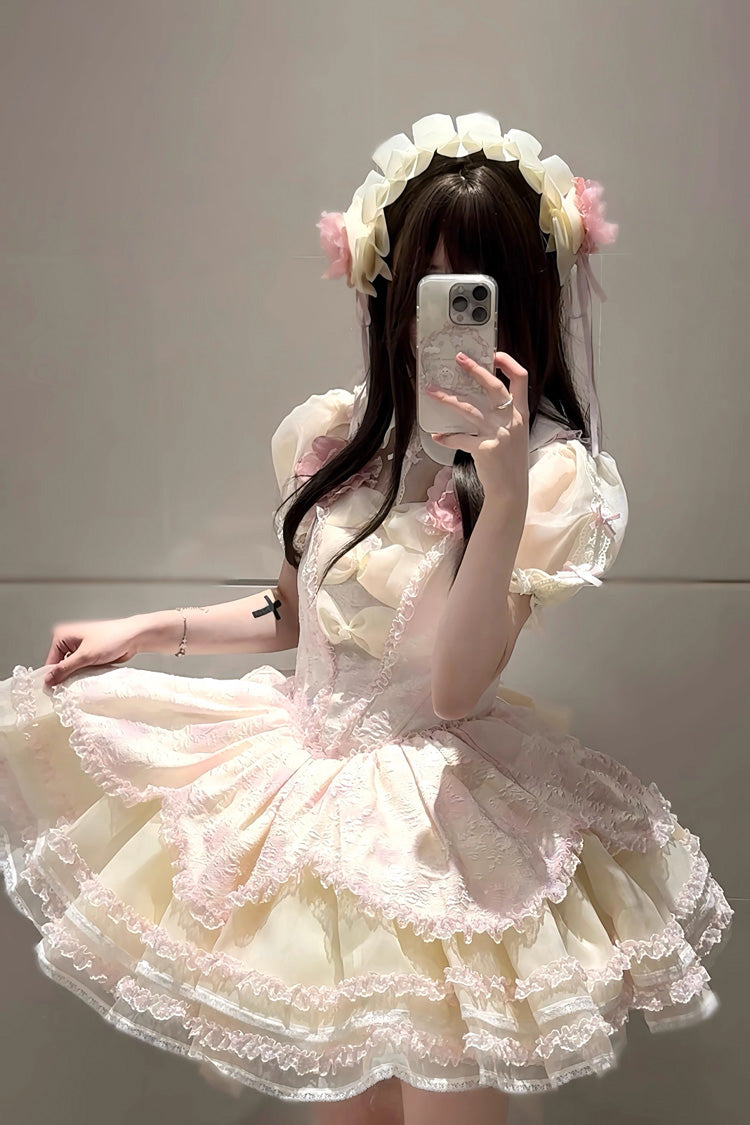 Blush Ruffle Bow Lace Princess Dress with Elegant Hanayome Details - Jasmine Rain