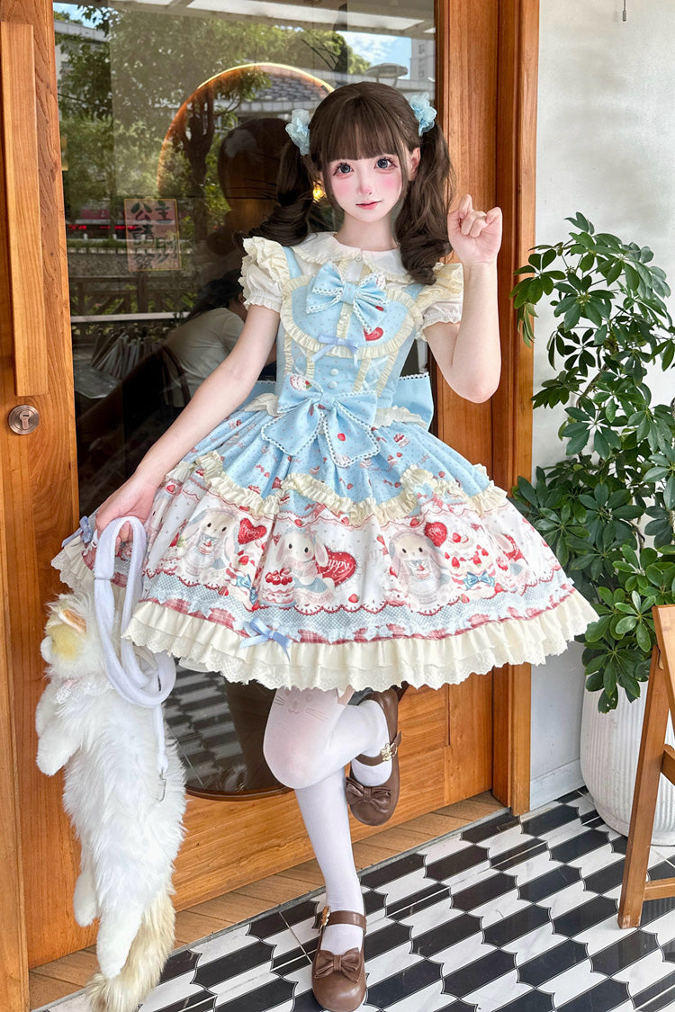 Azure Cute Rabbit Party Sleeveless Double Ruffled Bow Sweet Lolita Jumper Dress