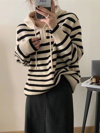 Casual Black Hooded Drawstring V-Neck Contrast Color Striped Long Sleeve Sweater QX019