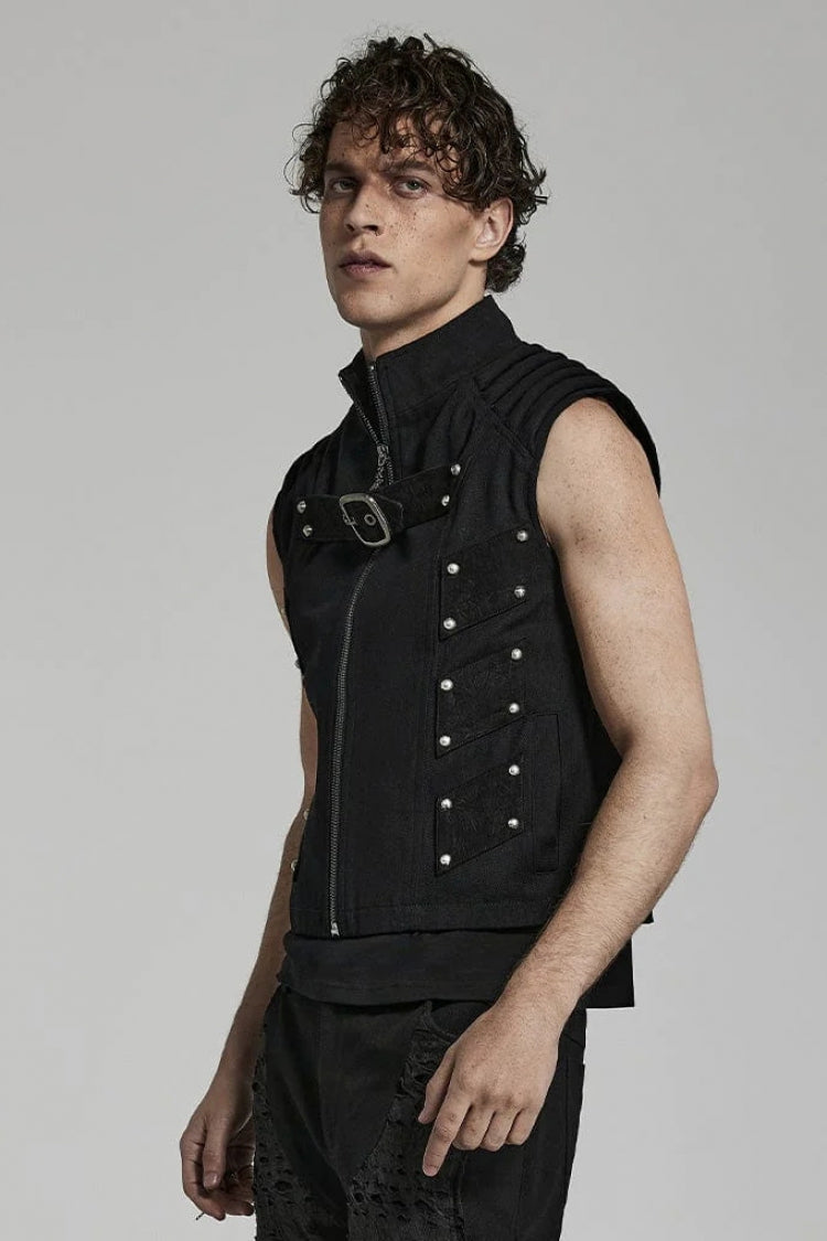 Men's Steampunk Black Vest, Sleeveless with Stitching and Buckle Details