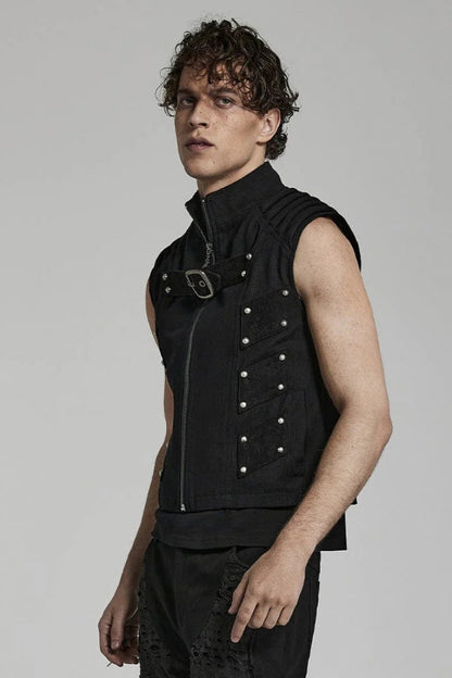 Men's Steampunk Black Vest, Sleeveless with Stitching and Buckle Details