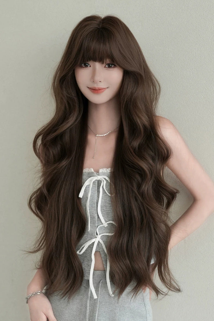 Fluffy Extra Long Loose Wave Sweet Lolita Wig with Full Bangs in Morandi Tea Brown