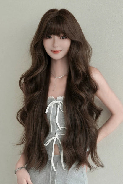 Fluffy Extra Long Loose Wave Sweet Lolita Wig with Full Bangs in Morandi Tea Brown