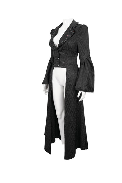 Women's Gothic Long Coat with Bead Chain Trim and Lace Cuffs in Black Jacquard