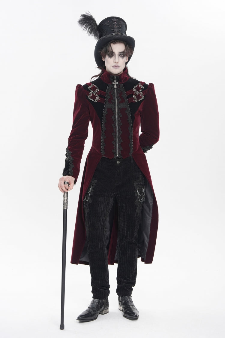 Crimson High-Neck Gothic Palace Jacket with Color Block and Embroidery