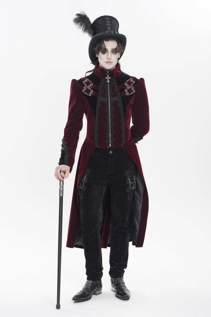 Crimson High-Neck Gothic Palace Jacket with Color Block and Embroidery