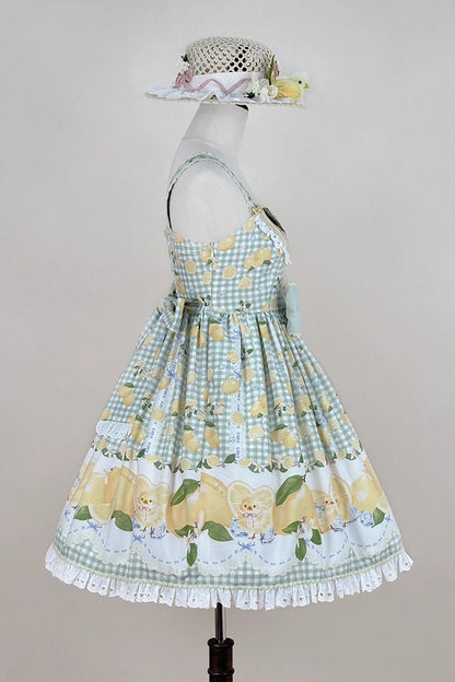 Emerald Lemon Chicken Print Ruffle Bowknot Sweet JSK Dress