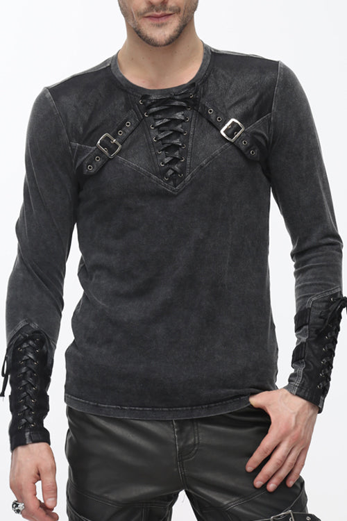 Men's Punk T-Shirt with Faded Finish, Long Sleeves and Lace-Up Front